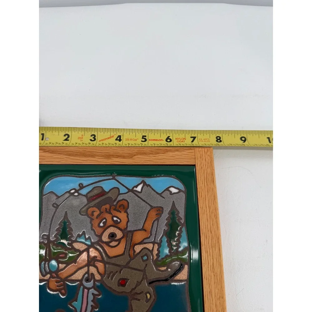 Masterworks Ceramic Tile Trivet Green Fishing Bear Framed Folk Art Cabin Decor